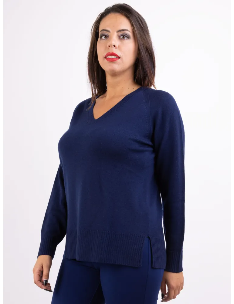 Frida Madè Italian Knitwear | Navy blue merino wool long V sweater