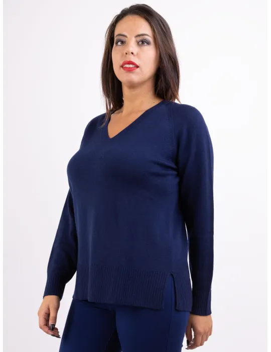 Frida Madè maglieria | Maglione lungo a V blu scuro pura lana merino