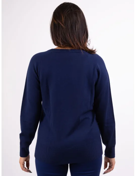 Frida Madè maglieria | Maglione lungo a V blu scuro pura lana merino