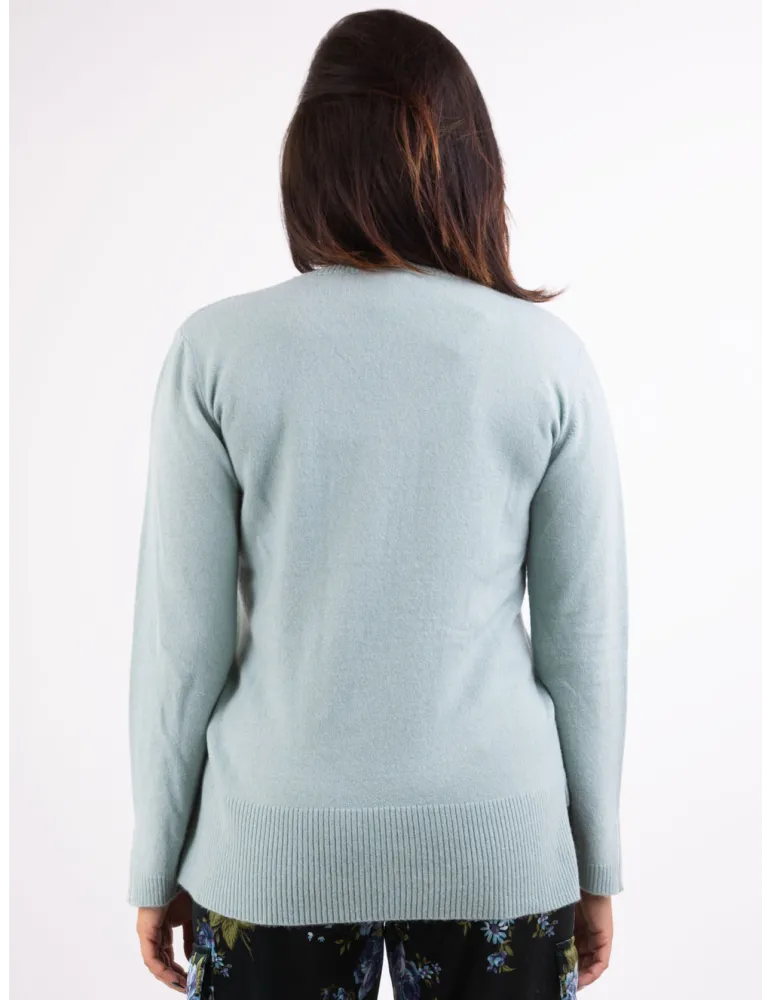 Frida Madè | Pale green V-neck cashmere silk sweater with rhinestones