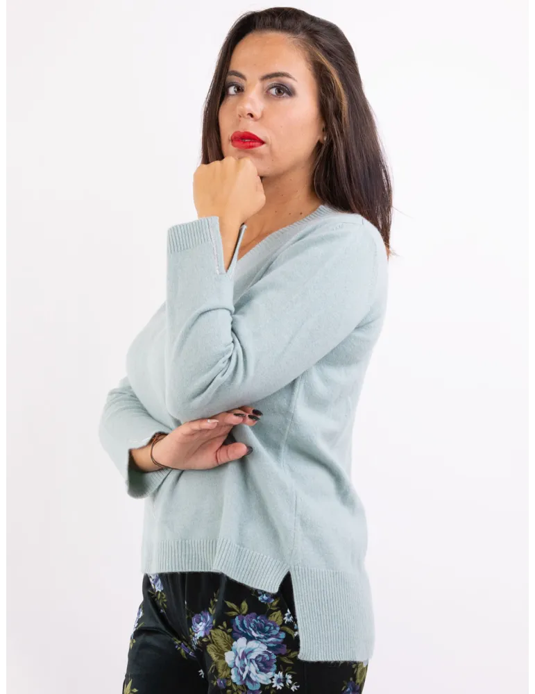 Frida Madè pale green V-neck sweater with rhinestones