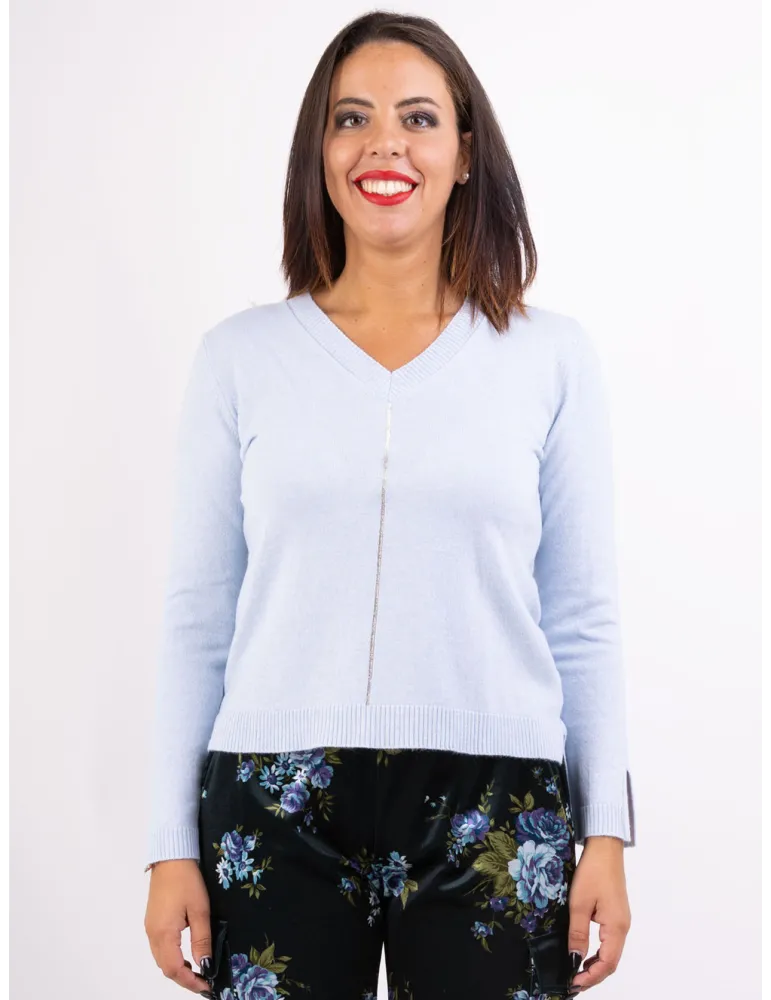 Frida Madè | Light blue V-neck cashmere silk sweater with rhinestones Frida Madè | Light blue V-neck cashmere silk sweater with rhinestones