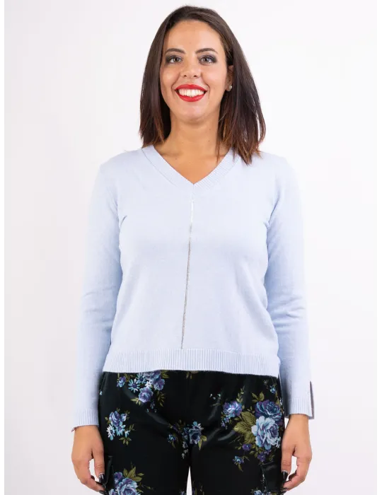 Frida Madè | Light blue V-neck cashmere silk sweater with rhinestones Frida Madè | Light blue V-neck cashmere silk sweater with rhinestones