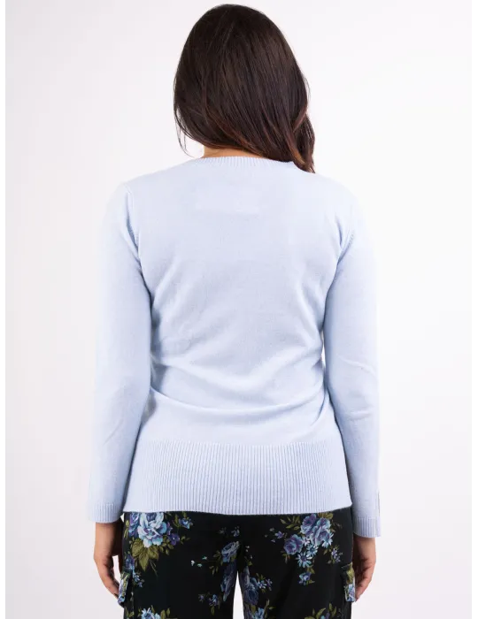 Frida Madè | Light blue V-neck cashmere silk sweater with rhinestones