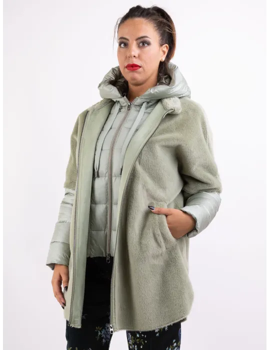 Milestone Outerwear | Giaccone eco montone verde chiaro con cappuccio