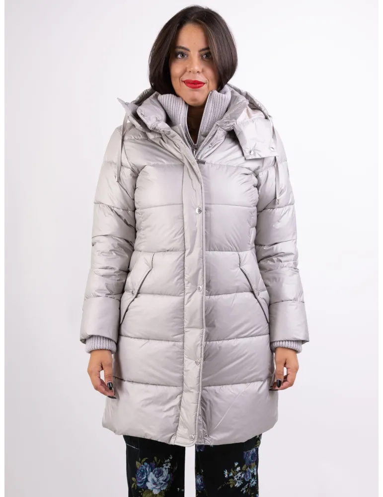 Milestone | Plus size ice grey silk hooded padded coat with knits Milestone | Plus size ice grey silk hooded padded coat with knits