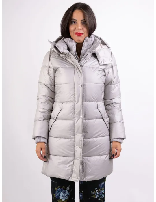 Milestone ice grey silk hooded padded coat with knits Milestone ice grey silk hooded padded coat with knits