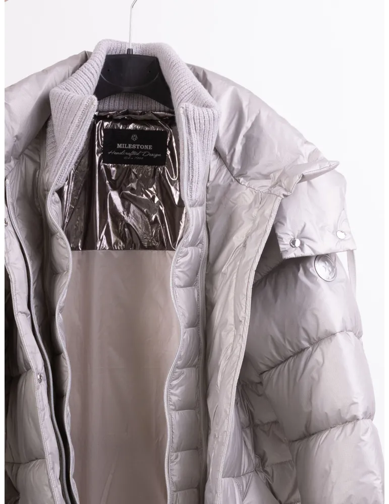 Milestone | Plus size ice grey silk hooded padded coat with knits