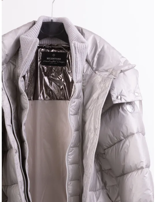 Milestone ice grey silk hooded padded coat with knits