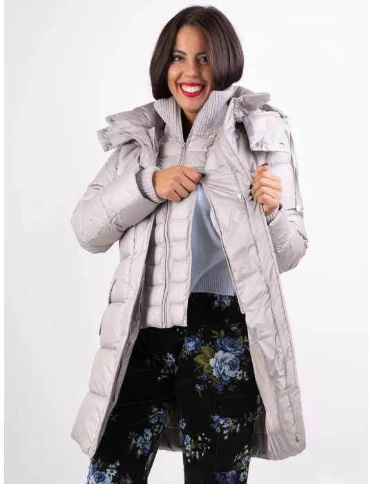 Milestone ice grey silk hooded padded coat with knits