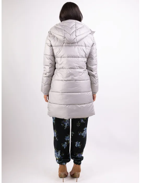 Milestone ice grey silk hooded padded coat with knits