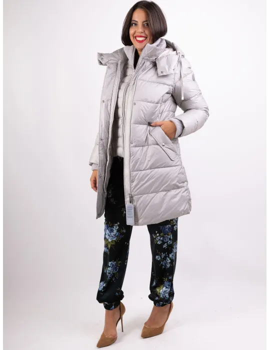 Milestone ice grey silk hooded padded coat with knits