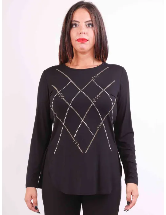 Francesca Mercuriali | T-shirt nera losanghe strass d'oro fino a tg 60 Francesca Mercuriali | T-shirt nera losanghe strass d'oro fino a tg 60