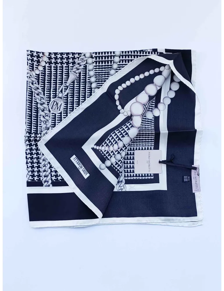 Piero Moretti | Black and white printed twill silk satin foulard scarf