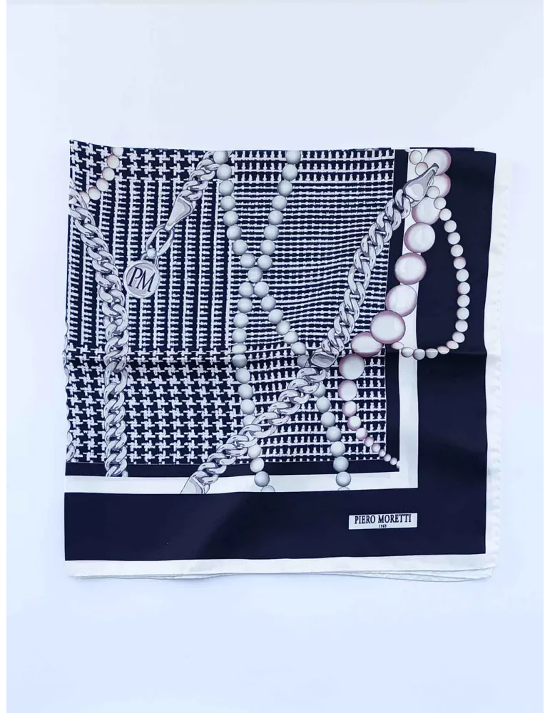Piero Moretti | Black and white printed twill silk satin foulard scarf