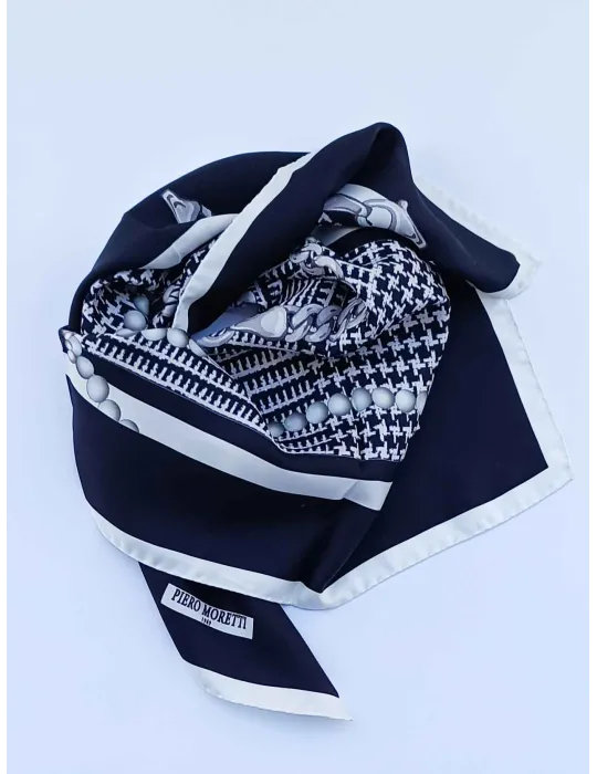 Piero Moretti | Black and white printed twill silk satin foulard scarf