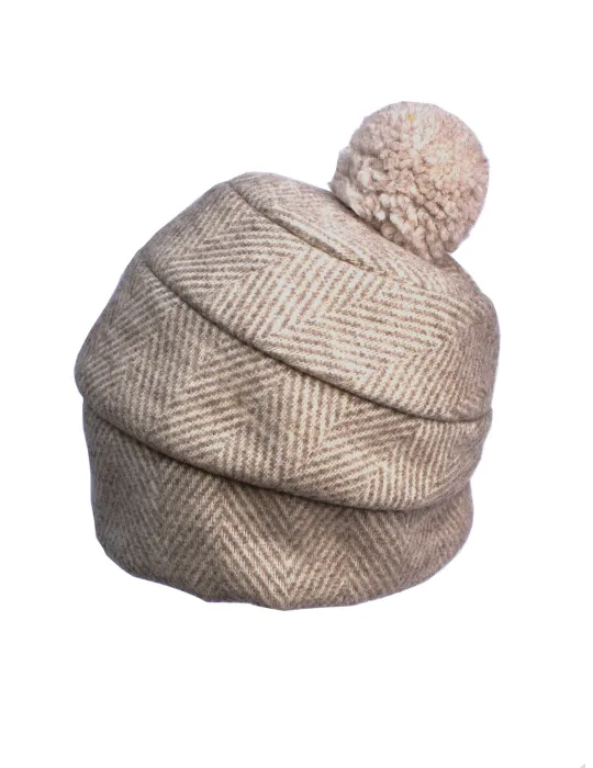 Complit Italian Hats | Beige herringbone pompom beanie winter hat cap Complit Italian Hats | Beige herringbone pompom beanie winter hat cap