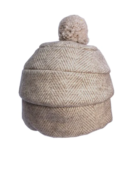 Complit beige herringbone beanie hat cap with wool pompom