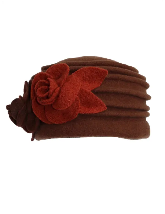Cappelli donna Complit | Cuffia in pura lana marrone con ricamo di rose