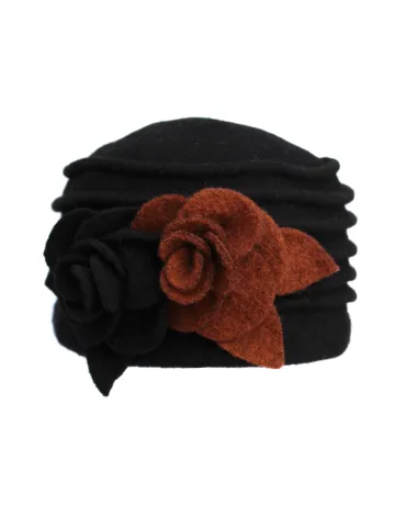 Complit black wool pillbox hat cap with roses embroidery