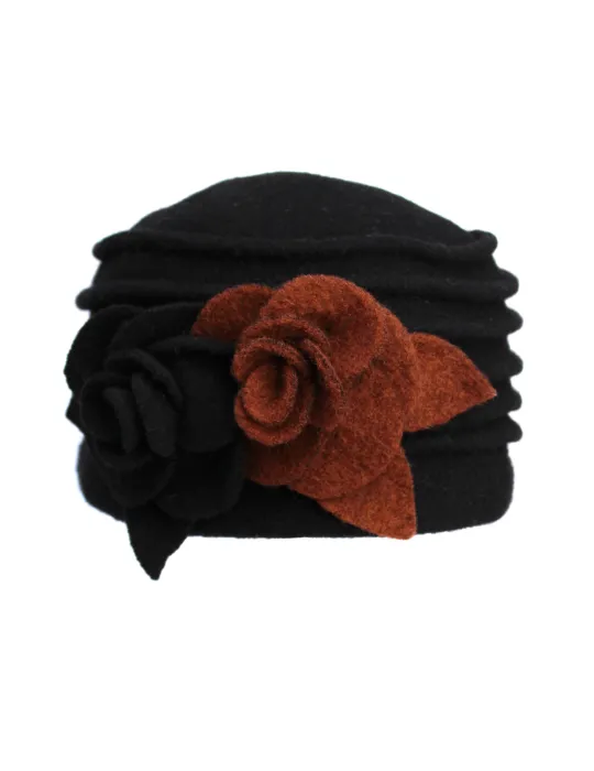 Complit black wool pillbox hat cap with roses embroidery Complit black wool pillbox hat cap with roses embroidery