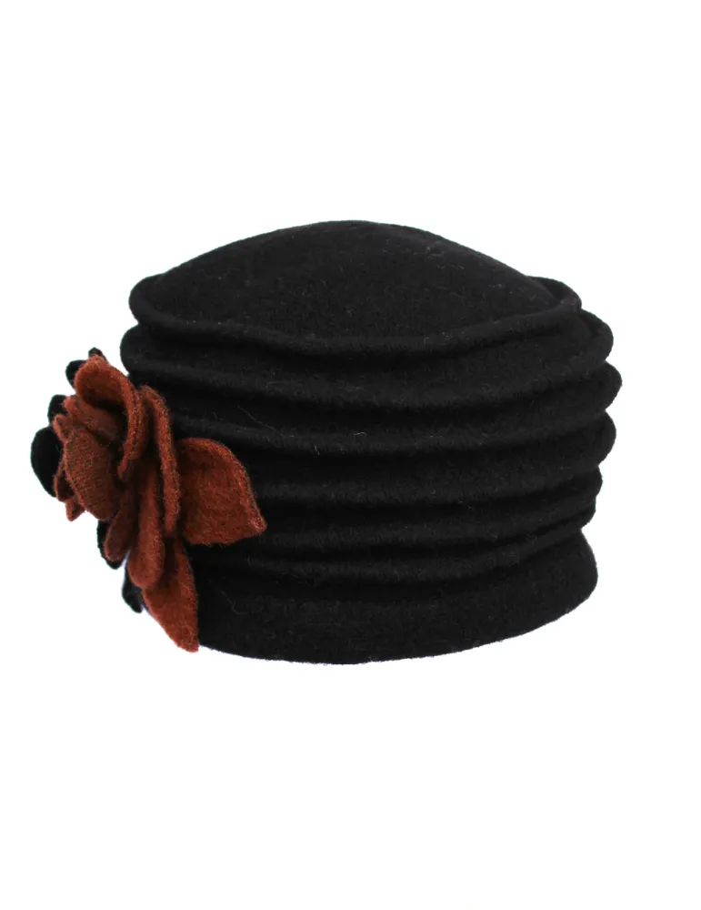 Complit black wool pillbox hat cap with roses embroidery