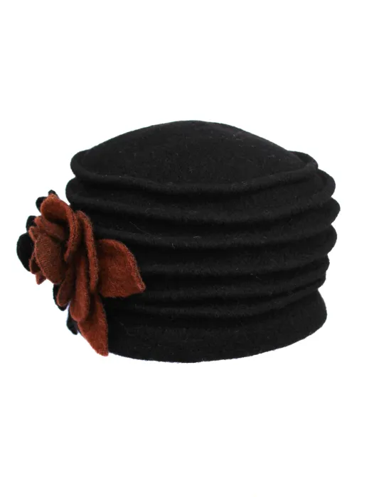 Complit black wool pillbox hat cap with roses embroidery