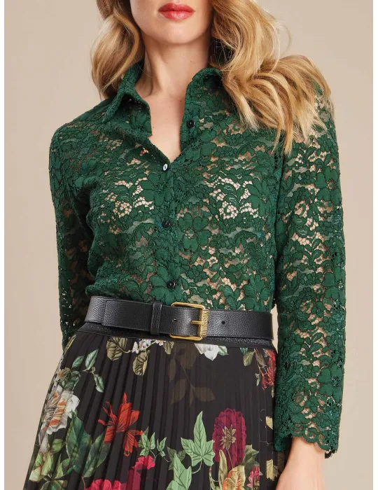 Camicia in pizzo di cotone e seta verde bottiglia by Piero Moretti