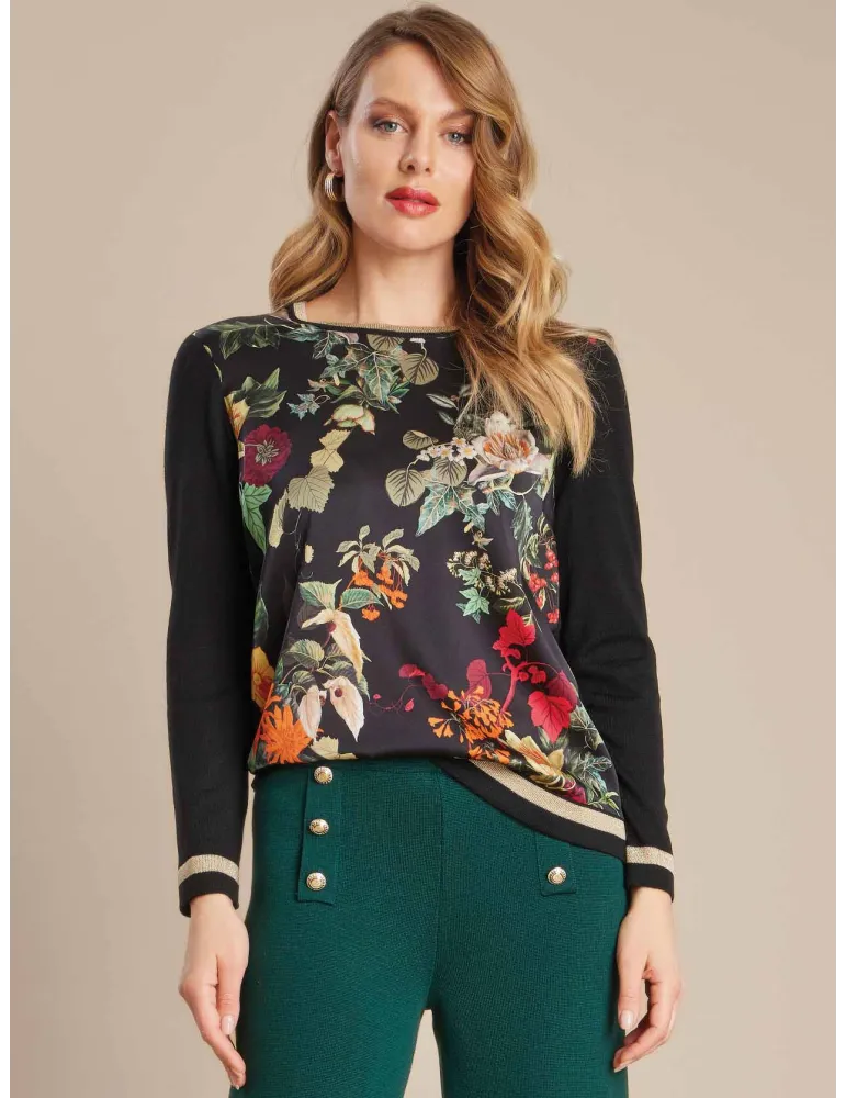Piero Moretti black wool and silk floral printed sweater Piero Moretti black wool and silk floral printed sweater
