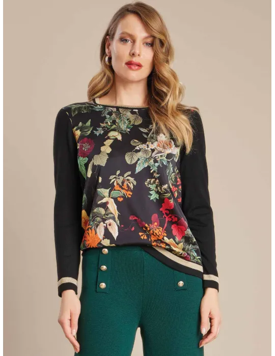 Piero Moretti Plus size | Black wool and silk floral printed sweater Piero Moretti Plus size | Black wool and silk floral printed sweater