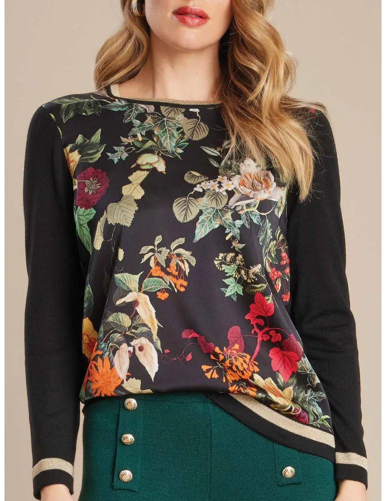Piero Moretti black wool and silk floral printed sweater