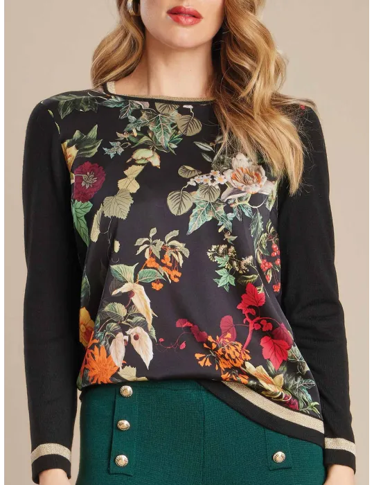 Piero Moretti Plus size | Black wool and silk floral printed sweater