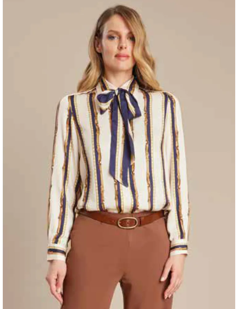 Piero Moretti blue and camel striped silk shirt with ribbon Piero Moretti blue and camel striped silk shirt with ribbon