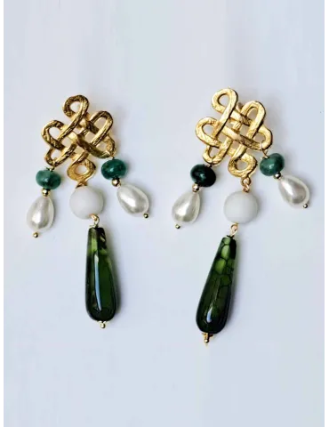 Armònia Bijoux | Orecchini pendenti in oro con perle e pietre verdi