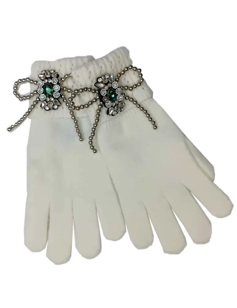 Ladies White wool and cashmere tricot cute gloves with crystals