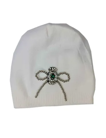 Cappello bianco misto cashmere e seta con fiocco di strass verde