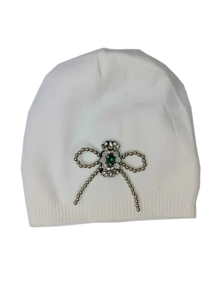 Cappello bianco misto cashmere e seta con fiocco di strass verde Cappello bianco misto cashmere e seta con fiocco di strass verde