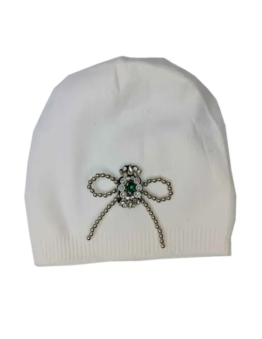 Cappello bianco misto cashmere e seta con fiocco di strass verde Cappello bianco misto cashmere e seta con fiocco di strass verde