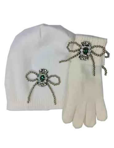 Cappello bianco misto cashmere e seta con fiocco di strass verde 2