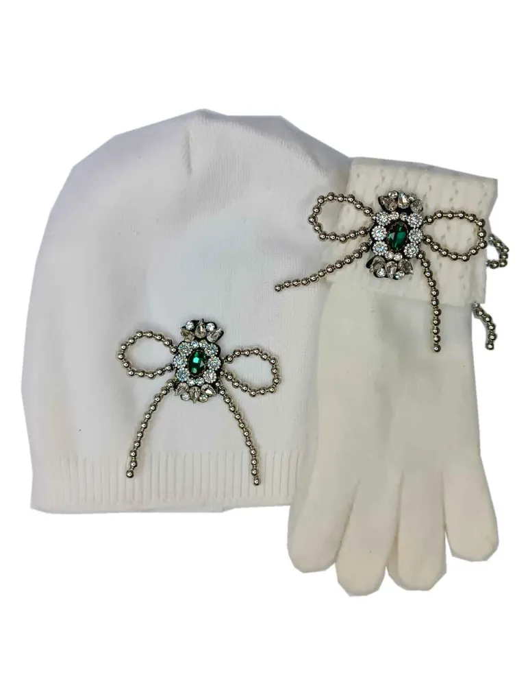 Cappello bianco misto cashmere e seta con fiocco di strass verde