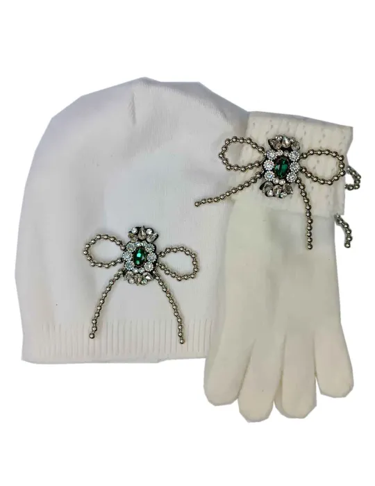 Cappello bianco misto cashmere e seta con fiocco di strass verde