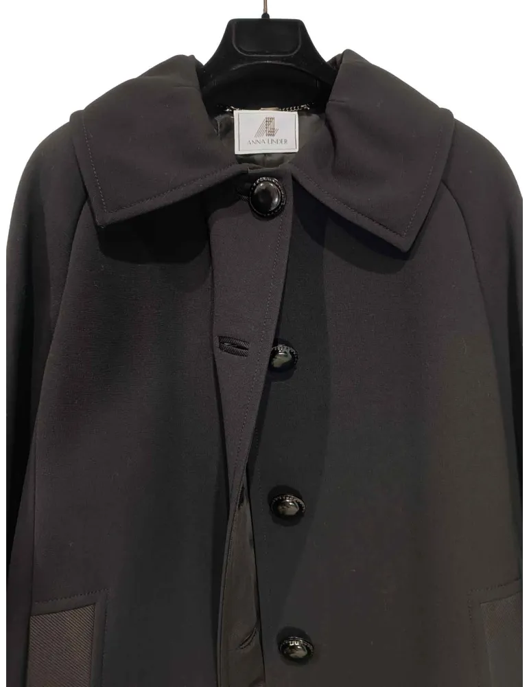 Cappotto sartoriale soprabito nero in lana profili in seta Anna Linder
