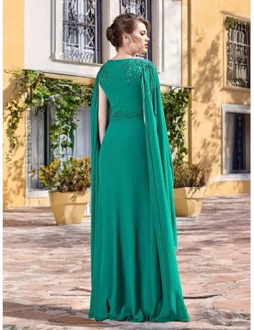 Sonia Pena 12500112 | Emerald green long formal dress with cape-sleeve 2