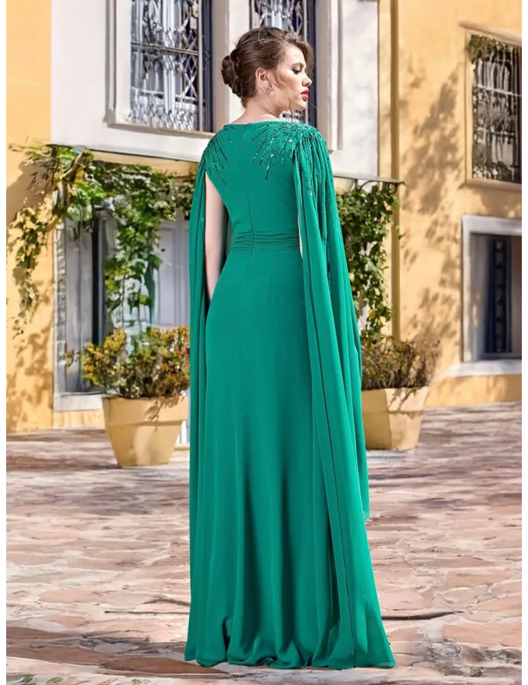 Sonia Pena 12500112 | Emerald green long formal dress with cape-sleeve