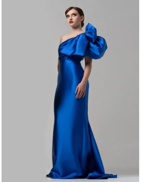 Abito da cerimonia a sirena in raso mikado azzurro Arnita Mani Couture Abito da cerimonia a sirena in raso mikado azzurro Arnita Mani Couture