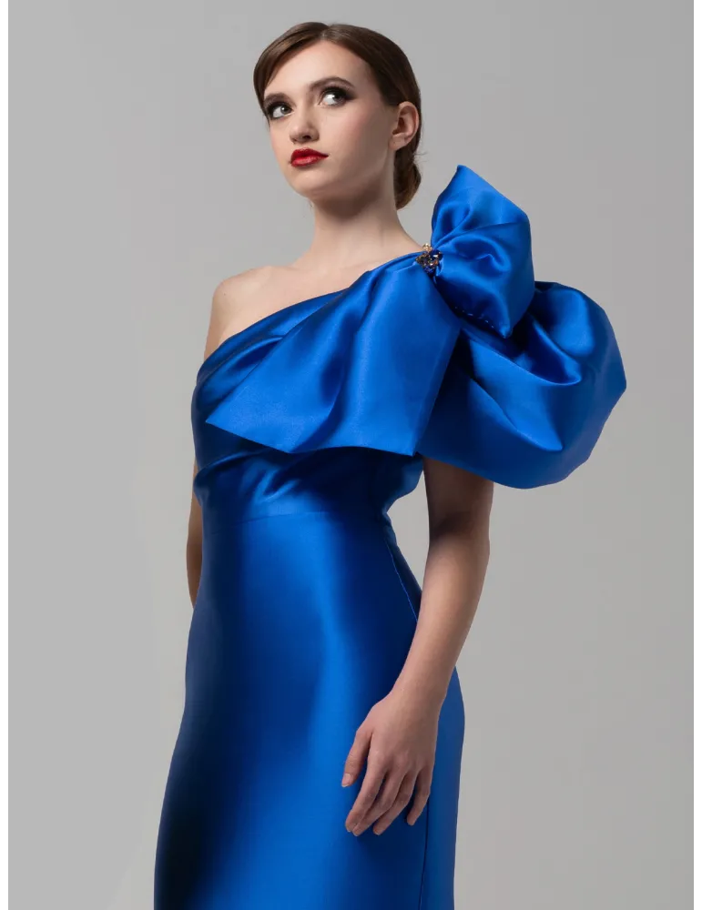 Abito da cerimonia a sirena in raso mikado azzurro Arnita Mani Couture