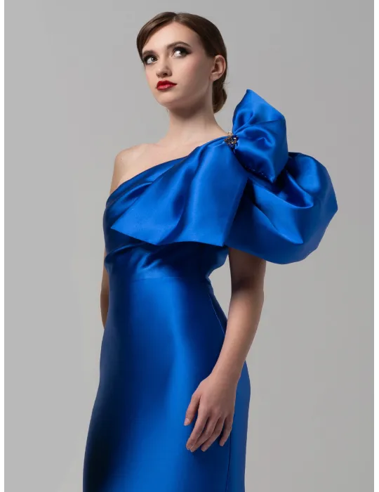 Abito da cerimonia a sirena in raso mikado azzurro Arnita Mani Couture