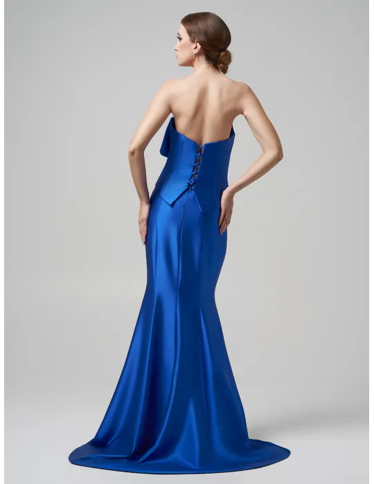 Arnita Mani Couture | Abito lungo a sirena in raso azzurro con bustino