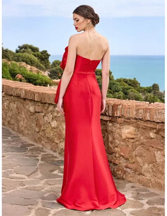 Sonia Pena 125008 | Abito rosso lungo decoltè a sirena e grande fiore