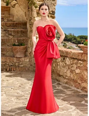 Sonia Pena red long tail mermaid gown dress with rose
